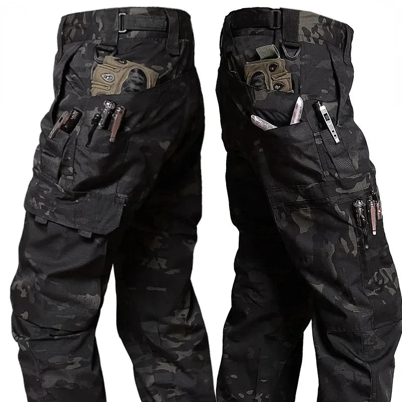Men's khaki wear-resistant work pants with multiple pockets, straight cargo style, suitable for outdoor, tactical, casual, and jogging.