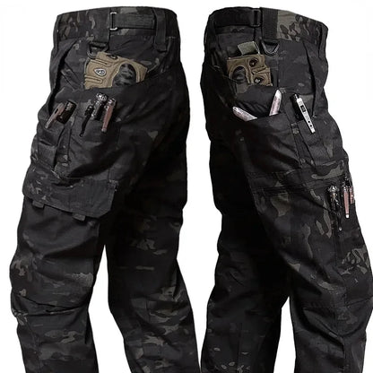 Men's khaki wear-resistant work pants with multiple pockets, straight cargo style, suitable for outdoor, tactical, casual, and jogging.