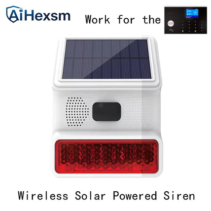Wireless smart home solar-powered siren from Tuya with PIR motion sensor, WiFi, GSM, and Alexa compatibility for security.