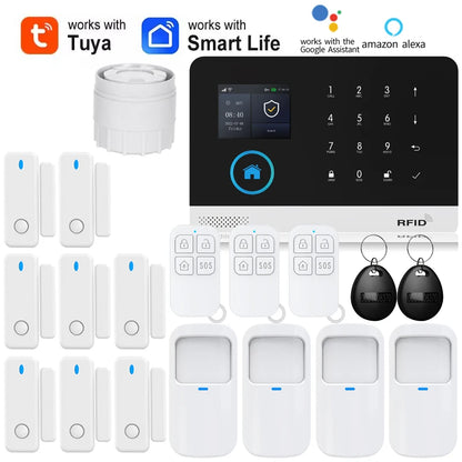 Smart Home Solar-powered Siren and Alarm System by Tuya with PIR motion sensor, WiFi, GSM, and Alexa compatibility, shown installed.