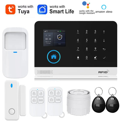 Wireless smart home solar-powered siren with PIR motion sensor, Tuya WiFi GSM alarm system, compatible with Alexa security system.