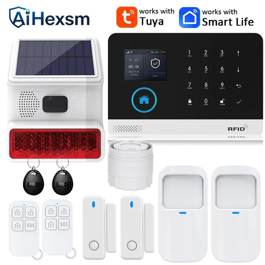 Smart home solar-powered siren with PIR motion sensor, WiFi GSM alarm system, compatible with Alexa, shown installed in a modern home.