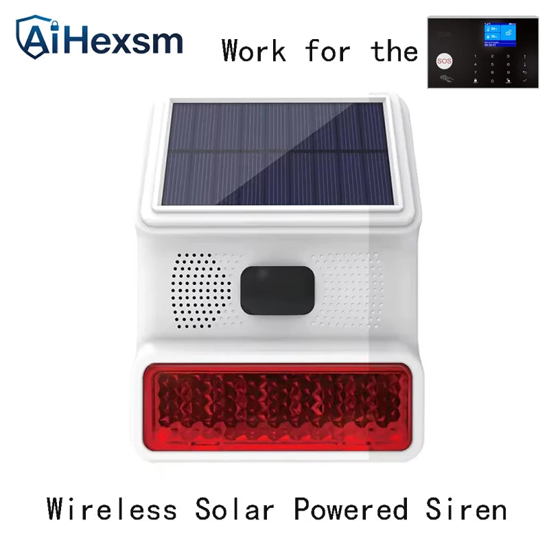 Smart home solar-powered siren with PIR motion sensor, Tuya WiFi GSM alarm system, compatible with Alexa, wireless security device