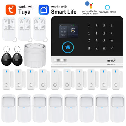Smart home solar-powered siren and alarm system with PIR motion sensor, WiFi, GSM, Alexa compatibility, and wireless security features.