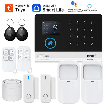 Smart home solar-powered siren with PIR motion sensor, WiFi, GSM alarm system, compatible with Alexa, for home security.