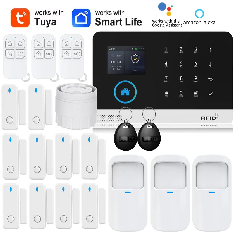 Wireless solar-powered smart home siren with PIR motion sensor, Tuya WiFi GSM alarm system, compatible with Alexa.