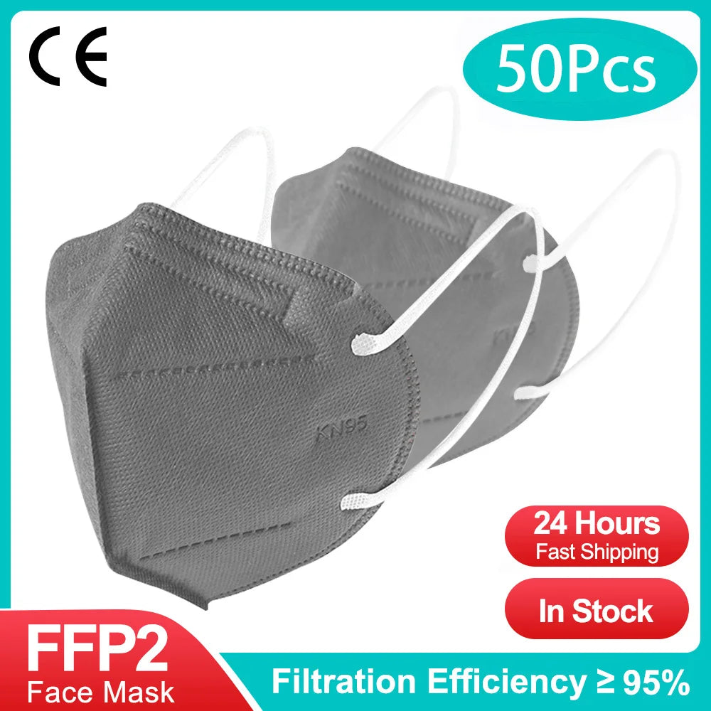 Set of 100 gray FFP2 KN95 face masks with 5-ply protection, security masks for respiratory safety and protection.