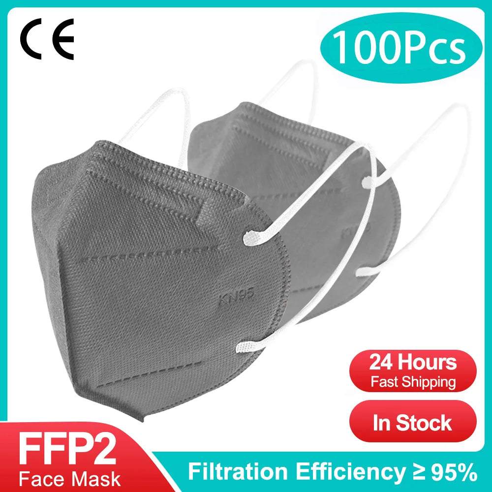 Gray KN95 FFP2 face masks, 100-pack, with 5-ply protection, designed for security and respiratory protection.