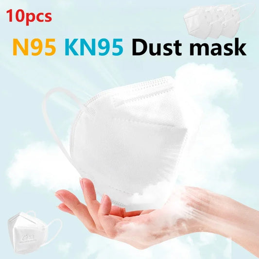 Set of 10 disposable N95 face masks with protective filter, designed for outdoor health safety and respiratory protection.