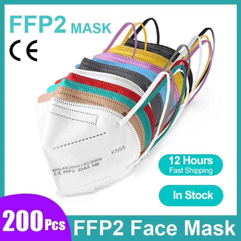 Red KN95 FFP2 face masks in a pack, showing multiple colorful protective masks for security and health protection.