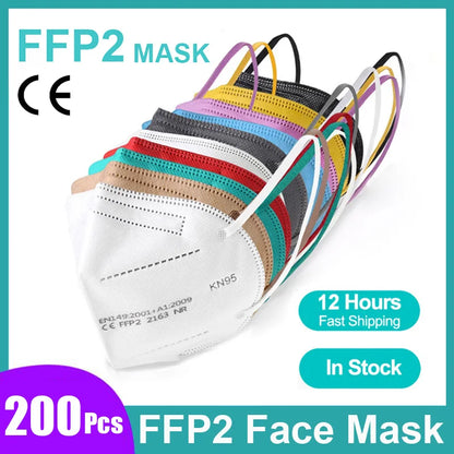 Red KN95 FFP2 face masks in a pack, showing multiple colorful protective masks for security and health protection.