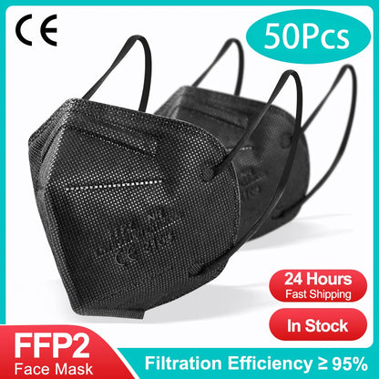 Red KN95 FFP2 face masks with 5-ply protection, designed for security and comfort, shown in a box of 200 masks.