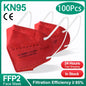 Red KN95 FFP2 face masks with 5-ply protection, designed for security and respiratory protection, shown in a box of 200 masks.