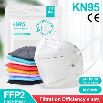 Black FFP2 KN95 masks with 5-layer filtration, reusable and surgical-grade, shown in a pack of 10 to 200 pieces.