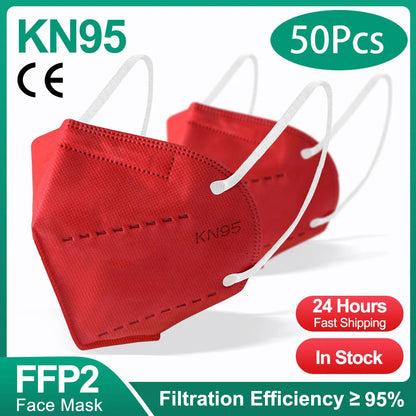 Set of black FFP2 KN95 face masks with 5-layer filter, reusable surgical masks, designed for respiratory protection, shown in a stack.