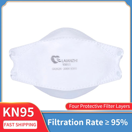 White LAIANZHI KN95 masks with fish shape design, breathable ear loops, and anti-dust protection, ideal for respiratory safety.