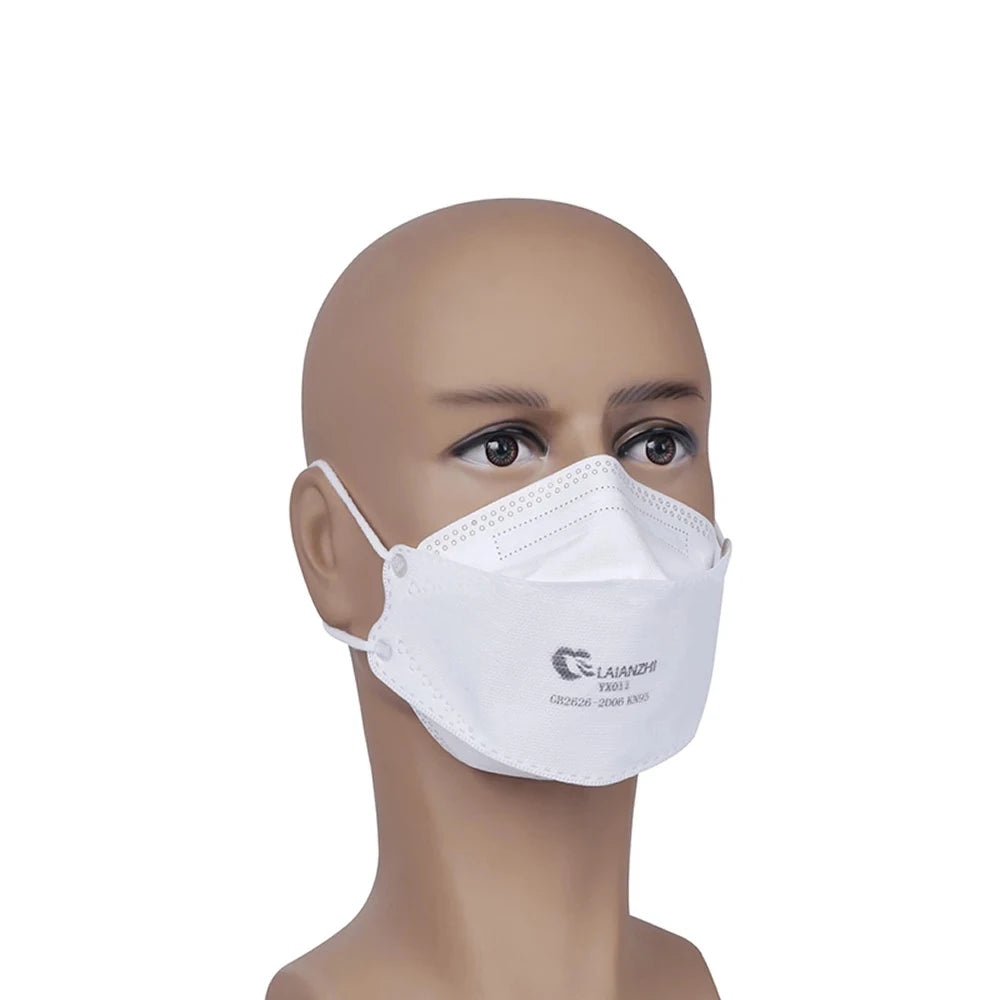 White LAIANZHI KN95 masks with fish shape design, breathable ear wear, anti-dust protection, and CE certification.