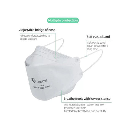 White LAIANZHI KN95 masks with fish shape design, breathable ear wear, anti-dust respirator for face protection.