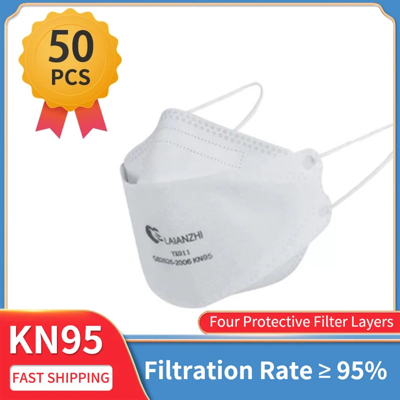 White LAIANZHI KN95 masks with fish shape design, breathable ear wear, anti-dust respirator, protective mouth masks.