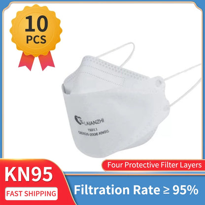 White LAIANZHI KN95 masks with fish shape design, breathable ear loops, protective anti-dust respirator for face protection.