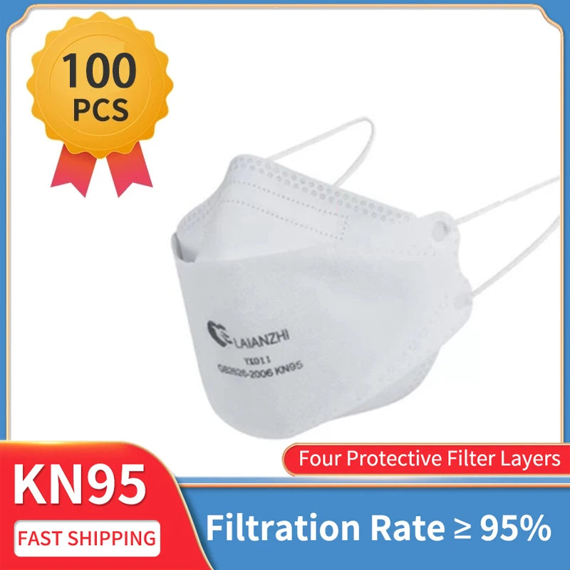 White LAIANZHI KN95 masks with fish shape design, breathable ear wear, and anti-dust protection, ideal for respiratory safety.