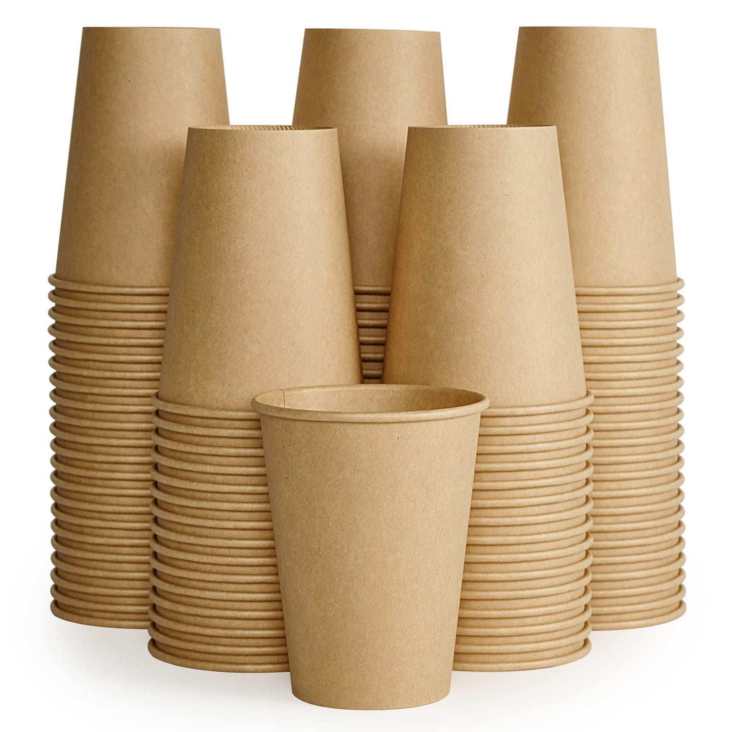 Pack of 100 12 oz kraft paper coffee cups from LITOPAK, disposable hot beverage cups suitable for water, coffee, juice, and milk.