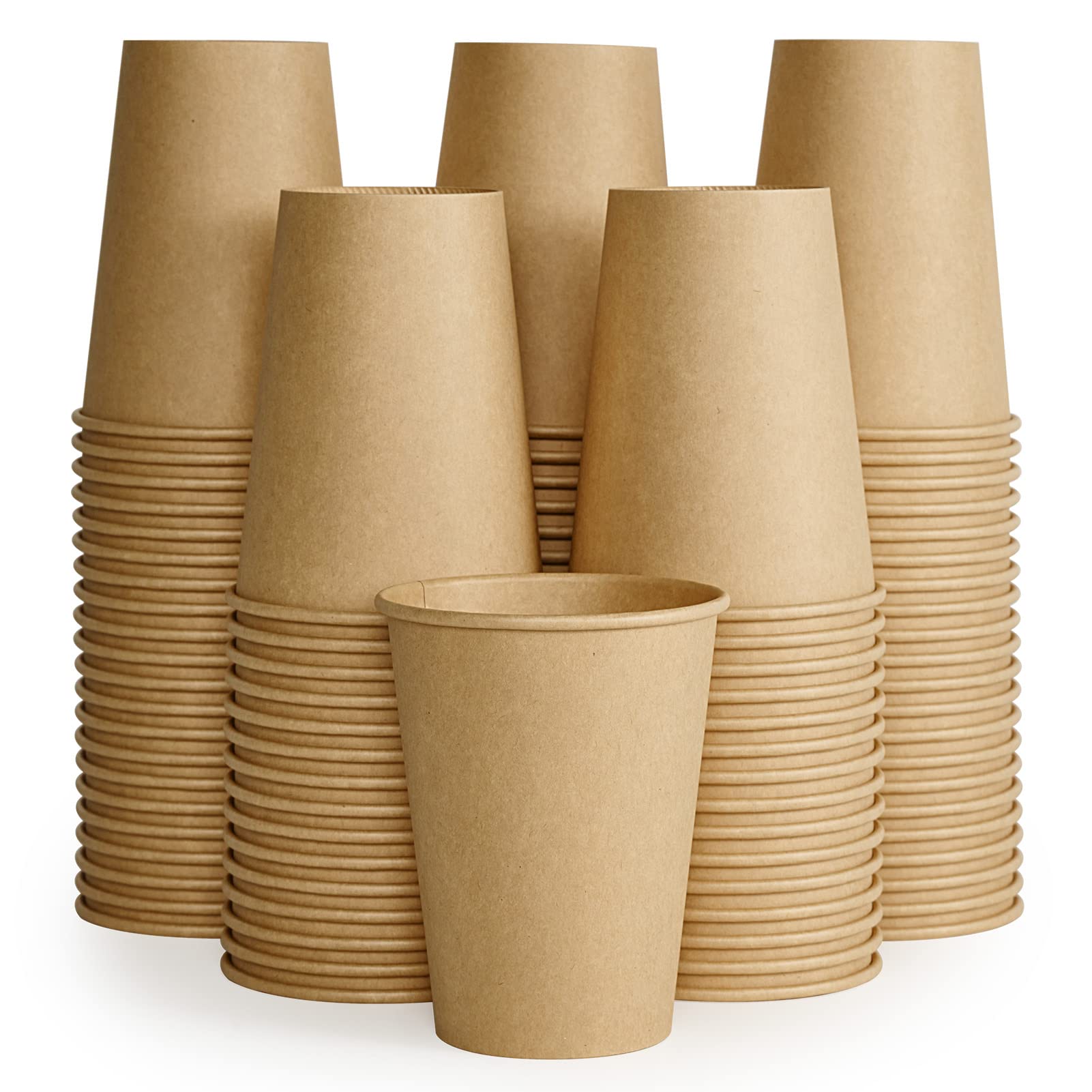 Pack of 100 12 oz kraft paper coffee cups from LITOPAK, disposable hot beverage cups suitable for water, coffee, juice, and milk.
