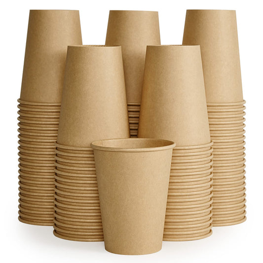 Set of 100 brown kraft paper disposable coffee cups, 12 oz size, suitable for hot drinks, water, juice, and milk.