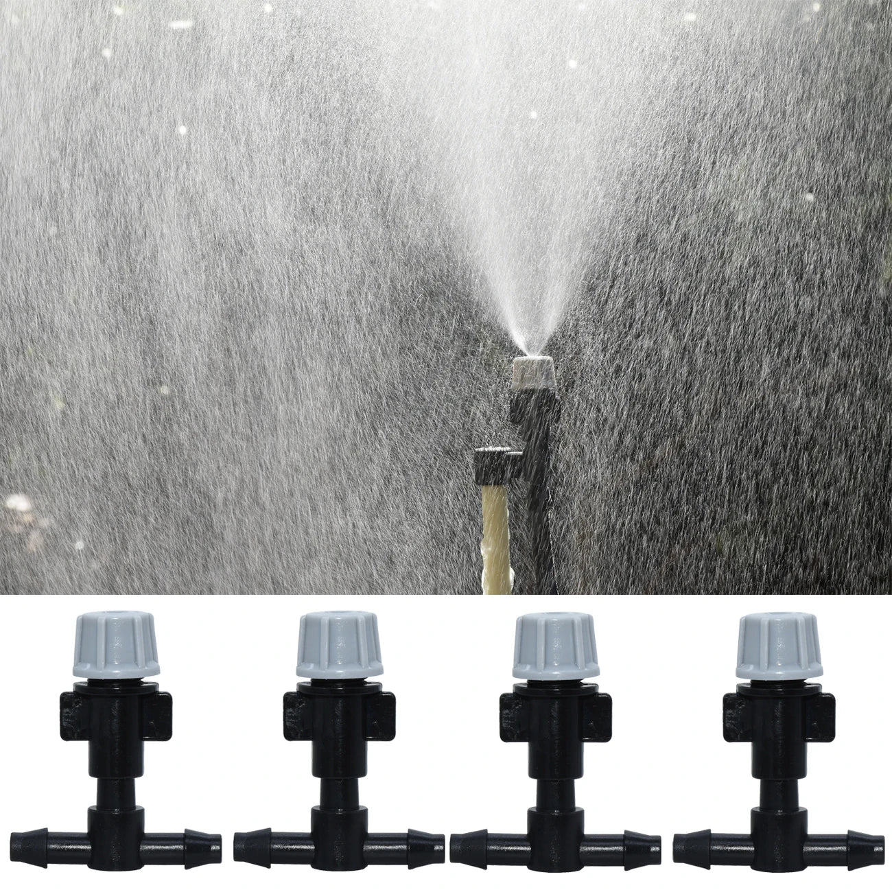 Set of 20 plastic KESLA garden watering irrigation sprinkler heads with nozzles and tee joints for misting and watering.