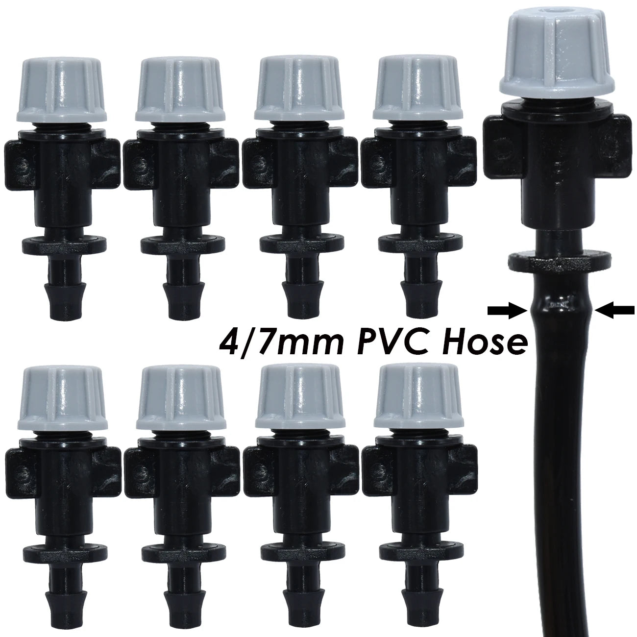 Set of 20 plastic watering garden misting sprinkler heads with nozzles and T-joint fittings for irrigation systems.