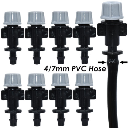 Set of 20 plastic watering garden misting sprinkler heads with nozzles and T-joint fittings for irrigation systems.