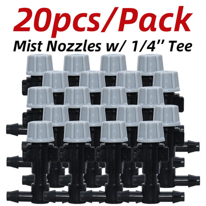 Plastic watering irrigation garden misting sprinkler heads with nozzle and tee joints, ideal for garden watering and irrigation systems.