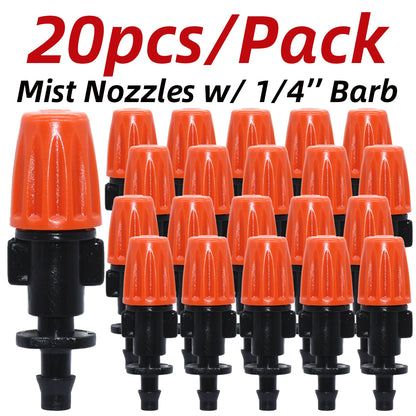 Set of 20 plastic garden misting sprinkler heads with nozzles and tee joints for watering irrigation systems.