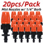 Set of 20 plastic garden misting sprinkler heads with nozzles and tee joints for watering irrigation systems.