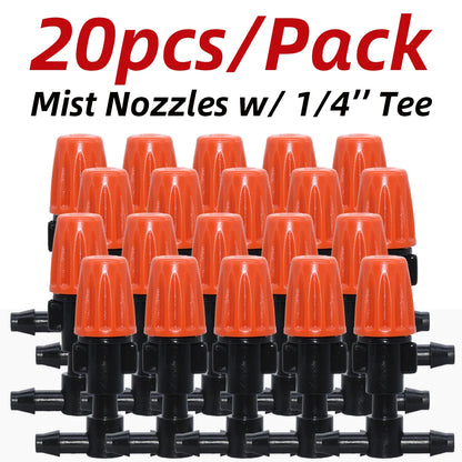Set of 20 plastic watering irrigation garden misting sprinkler heads with nozzles and T-joint fittings for garden watering systems.