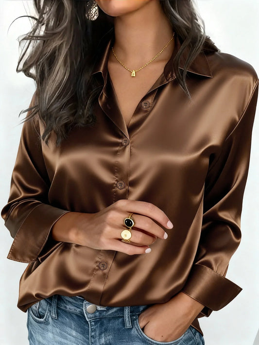 Women's pink satin button-up blouse with collar, suitable for office or casual wear, perfect for autumn, winter, and spring.