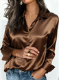 Women's pink satin button-up blouse with collar, suitable for office or casual wear, perfect for autumn, winter, and spring.