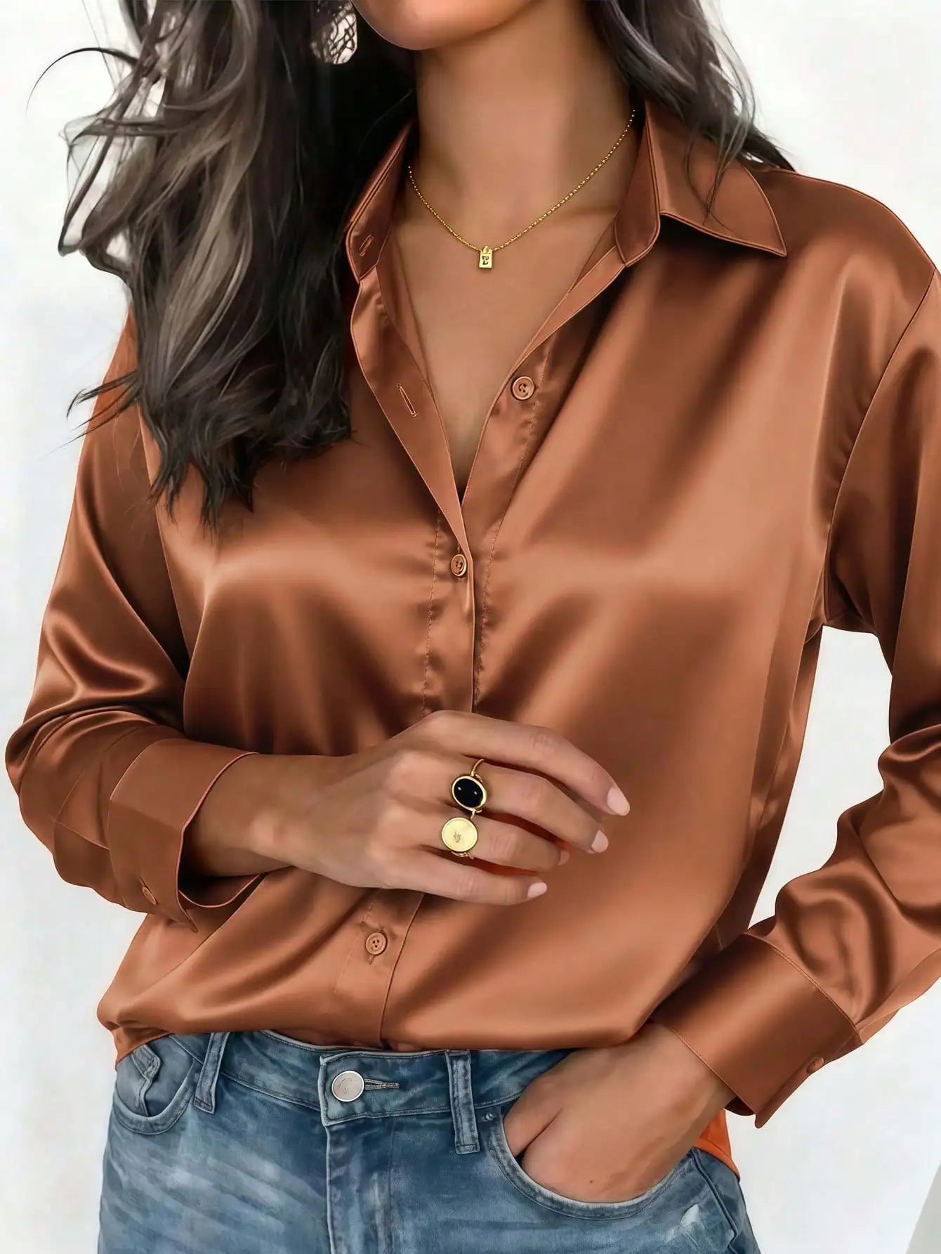 Women's pink satin button-up blouse by BackupMyFilesNow.com, elegant collared shirt for office or casual wear in autumn, winter, spring