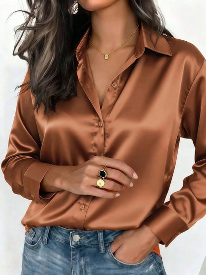 Women's pink satin button-up blouse by BackupMyFilesNow.com, elegant collared shirt for office or casual wear in autumn, winter, spring