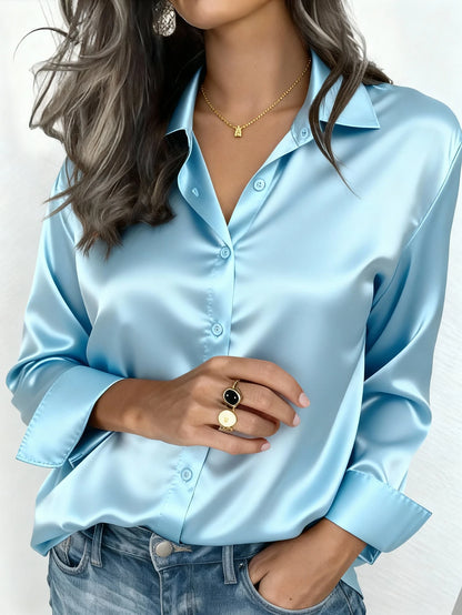 Women's pink satin button-up blouse with a classic collar, ideal for office or casual wear in autumn, winter, and spring.