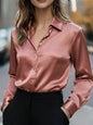 Pink satin women's button-up blouse with a classic collar, perfect for office or casual wear in autumn, winter, and spring.