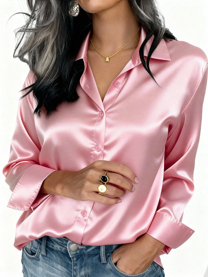 Pink women's satin button-up blouse with a collar, ideal for office or casual wear, perfect for autumn winter spring.