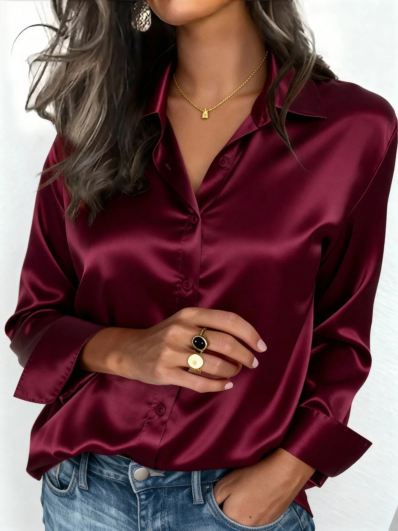 Pink women's satin button-up blouse with a collar, suitable for office or casual wear in autumn, winter, and spring.