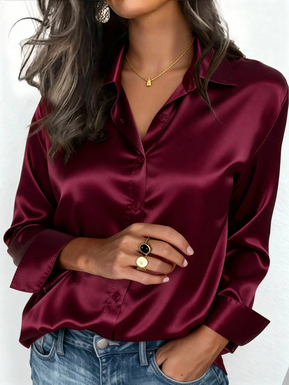 Pink women's satin button-up blouse with a collar, suitable for office or casual wear in autumn, winter, and spring.