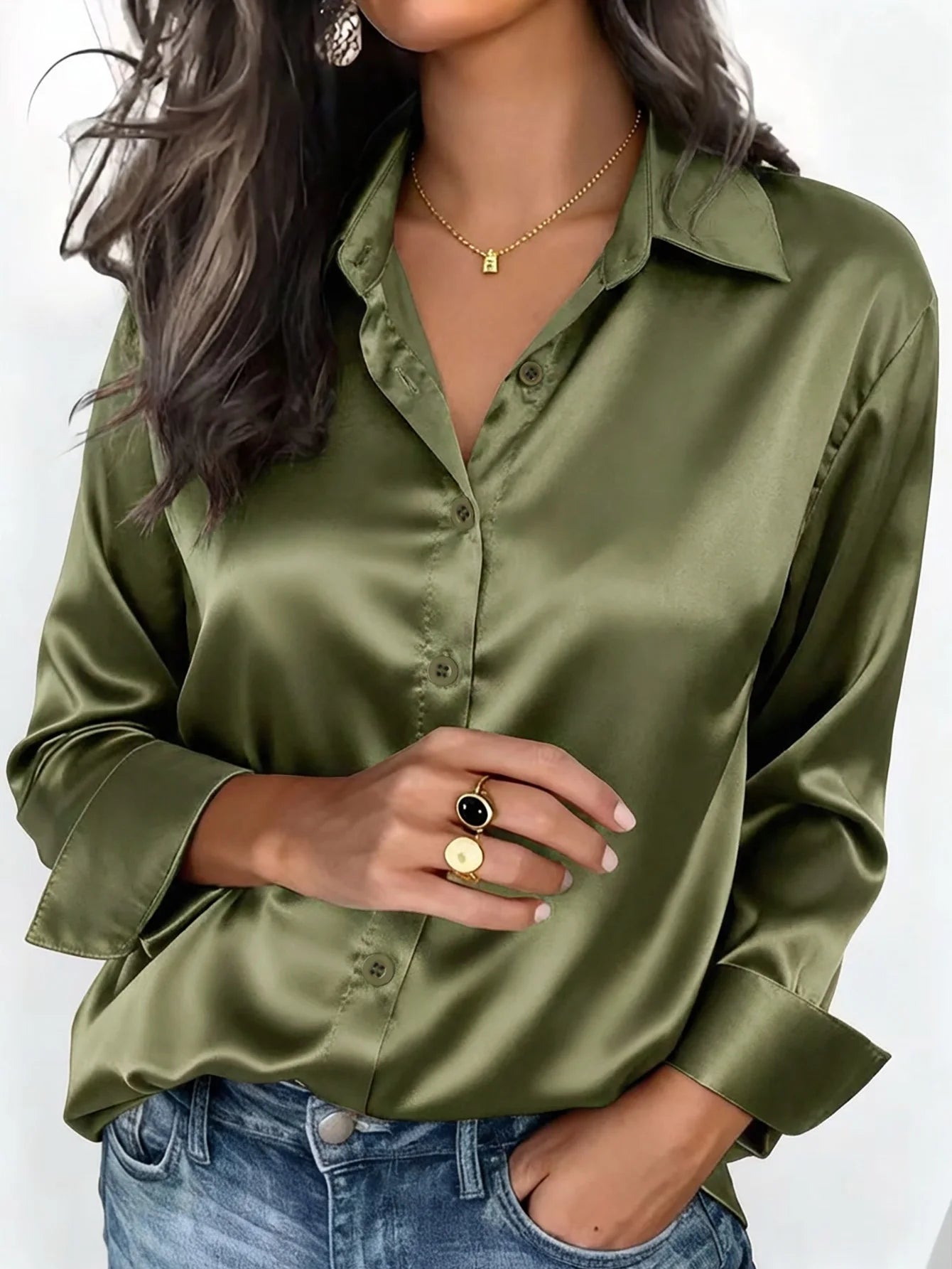 Women's pink satin button-up blouse by BackupMyFilesNow.com, elegant collared shirt for office or casual wear in autumn winter spring.