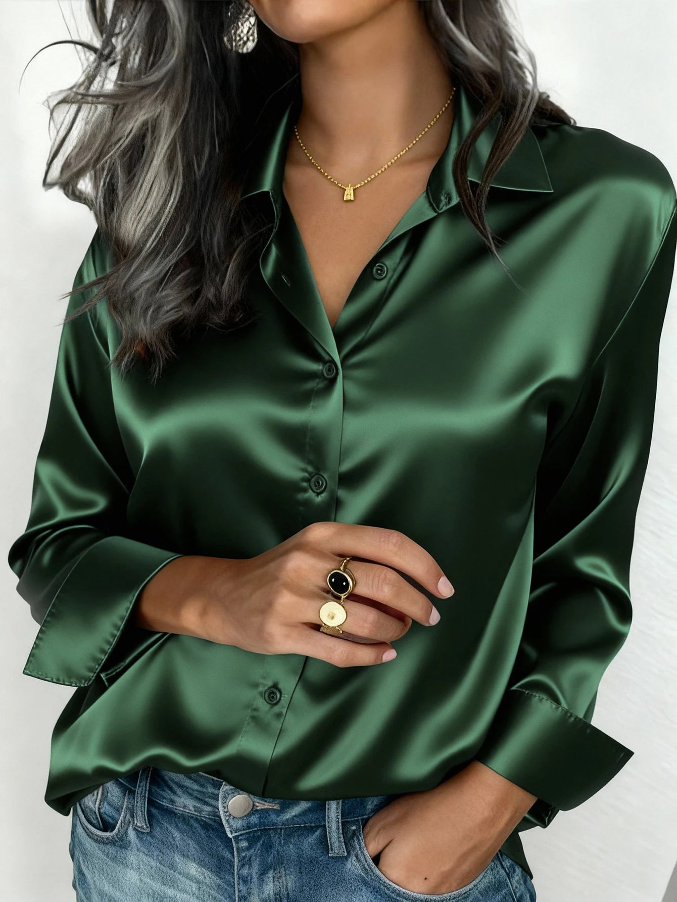 Pink women's satin button-up blouse with collar, suitable for office or casual wear, perfect for autumn, winter, and spring.