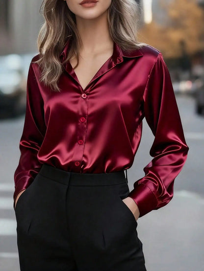 Women's pink satin button-up blouse by BackupMyFilesNow.com featuring an elegant collar, suitable for office or casual wear in all seasons.