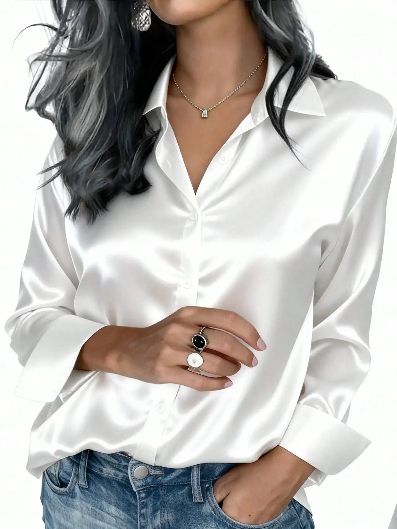 Women's pink satin button-up blouse by BackupMyFilesNow.com, elegant collared shirt for office or casual wear in autumn and winter.
