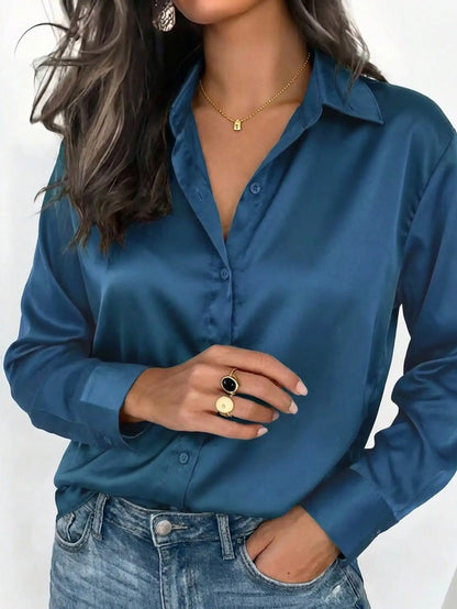 Pink women's satin button-up blouse with a collar, ideal for office or casual wear in autumn, winter, and spring.