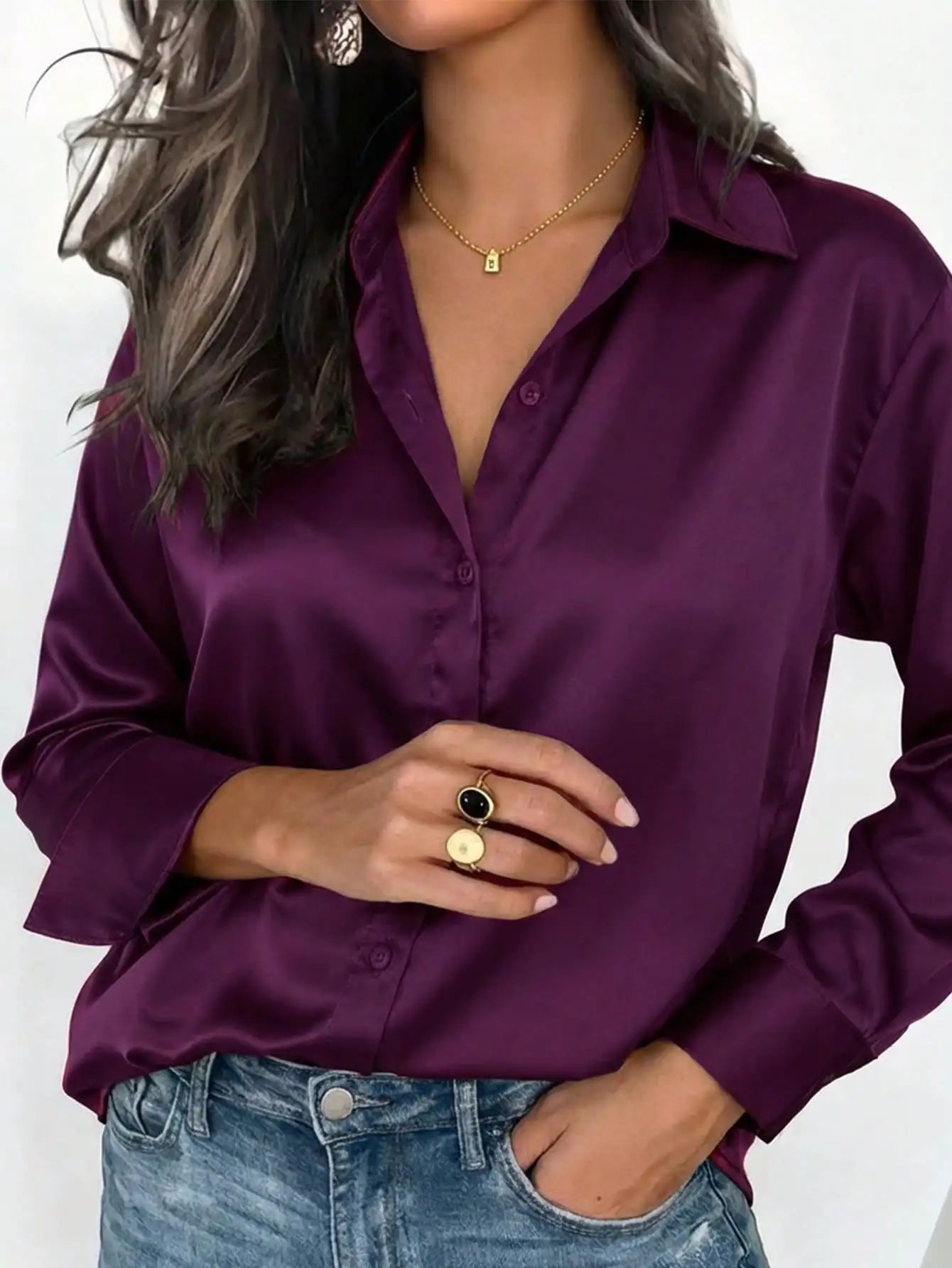 Women's pink satin button-up blouse with collar, elegant shirt for office or casual wear, suitable for autumn winter spring.